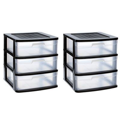 2x stuks ladeblok/bureau organizer met 3x lades - zwart/transparant - L40 x B39 x H39.5 cm