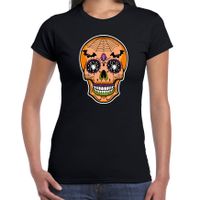 Day of the dead skelet gezicht halloween verkleed t-shirt zwart voor dames - thumbnail