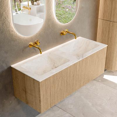 Badmeubel Mondiaz Kurve-Dlux | 120 cm | Meubelkleur Oak | Wastafelkleur Frappe | Solid surface | Dubbele spoelbak | Zonder kraangat(en)