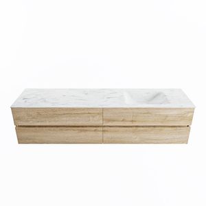 MONDIAZ VICA-DLUX 200cm badmeubel onderkast Washed Oak 4 lades. Inbouw wastafel CLOUD rechts zonder kraangat, kleur Opalo.