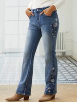 Casual Embroidered Floral Denim Jeans - thumbnail