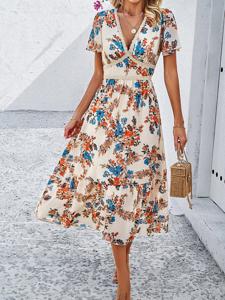 V Neck Casual Floral Dress With No