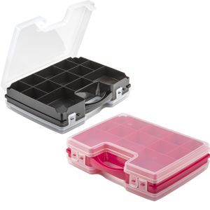 Forte Plastics - 2x Opberg vakjes doos/Sorteerbox - 21-vaks kunststof - 28 x 21 x 6 cm - zwart/roze