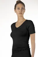 Dames wollen T-shirt met kant - Merino wollen thermo ondergoed korte mouw - 36 - Zwart