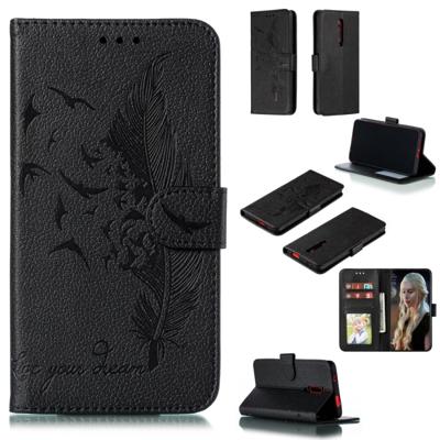 Feather patroon Litchi textuur horizontale Flip lederen draagtas met portemonnee & houder & kaartsleuven voor Xiaomi Redmi K20 (zwart)