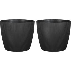 Set van 2x stuks plantenpot/bloempot kunststof zwart ribbels patroon - D25 x H21 cm