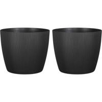 Set van 2x stuks plantenpot/bloempot kunststof zwart ribbels patroon - D25 x H21 cm