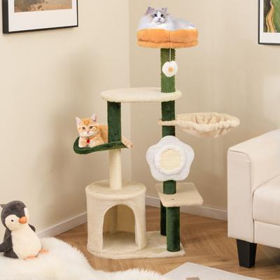 114 cm Krabpaal Kattenboom met Kattenmand Bloemenvormig Zitvlak Bal Hangmat Sisalplank en Krabzuilen Kattenkrabpaal van Hout