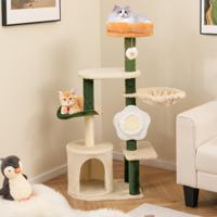114 cm Krabpaal Kattenboom met Kattenmand Bloemenvormig Zitvlak Bal Hangmat Sisalplank en Krabzuilen Kattenkrabpaal van Hout