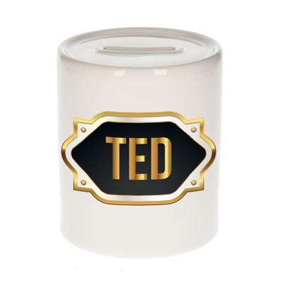 Spaarpot met voornaam Ted - wit - goud/zwart embleem - 8 x 9 cm - keramiek - afsluitdop Spaarpot met voornaam Ted - wit - goud/zwart embleem - 8 x 9 cm - keramiek - afsluitdop
