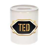 Spaarpot met voornaam Ted - wit - goud/zwart embleem - 8 x 9 cm - keramiek - afsluitdop