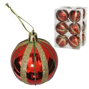 Gedecoreerde kerstballen - 18x st - 6 cm - kunststof - rood/goud