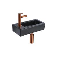 QeramiQ Fuente Fonteinset - 37.5x18.5x9cm - keramiek - kraangat links - fonteinkraan geborsteld koper - afvoerplug - verlaagd sifon - Mat Zwart SW1122451/SW799405/SW799403/SW970033