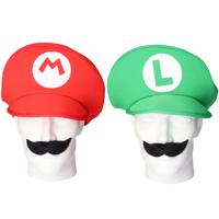 Loodgieter Mario en Luigi verkleed set - pet en snor - groen - gamer verkleed accessoires - thumbnail