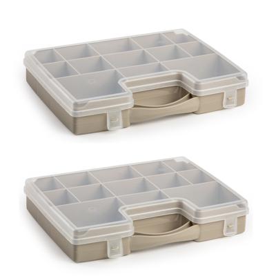 2x stuks plasticforte opbergkoffertje - 13-vaks - taupe - opbergkoffer - sorteer box - 27,5 x 20,5 x