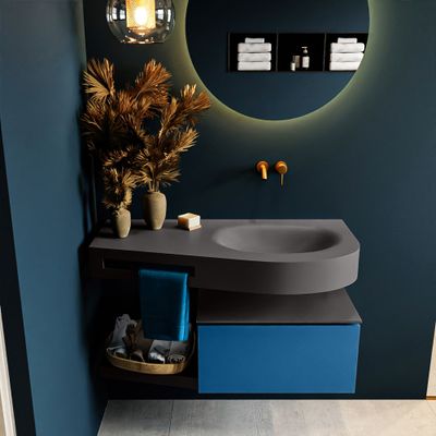 MONDIAZ RIVA 100cm badmeubel onderkast / planchet kleur Jeans met 1 lade. Wastafel DULCET rechts 0 kraangaten kleur Dark_Grey. MONDIAZ RIVA 100cm badmeubel onderkast / planchet kleur Jeans met 1 lade. Wastafel DULCET rechts 0 kraangaten kleur Dark_Grey.