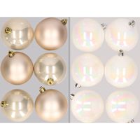 12x stuks kunststof kerstballen mix van champagne en parelmoer wit 8 cm - Kerstbal - thumbnail