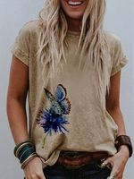 Butterfly Print Short Sleeve Round Neck Casual Tee