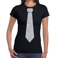 Carnaval verkleed t-shirt - met stropdas - zwart - zilver glitters - dames - fun t-shirt