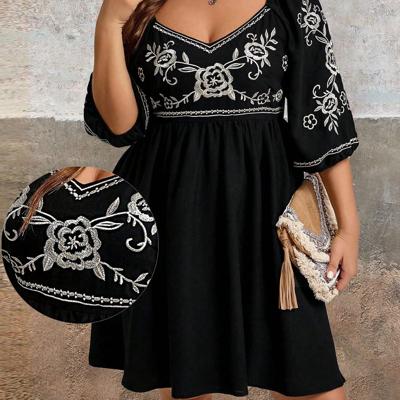 Plus Size Black Rose Floral Embroidery Boho Vacation Dress Black-3 / 1XL