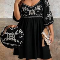 Plus Size Black Rose Floral Embroidery Boho Vacation Dress Black-3 / 1XL