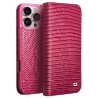 Qialino iPhone 16 Pro hoesje - Leren bookcase - Croco Roze