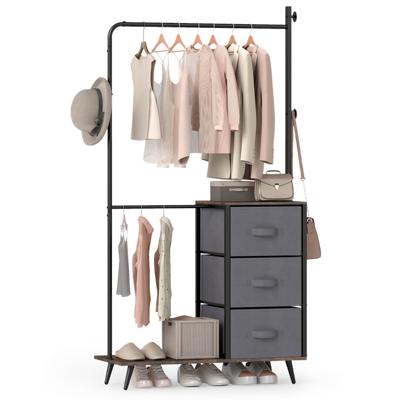 Dubbele Kledingstang om Kleding op te Hangen Kledingrek met 2 Opbergvakken 3 Zijhaken en 3 Stoffen Lades Vrijstaande Kledingorganizer
