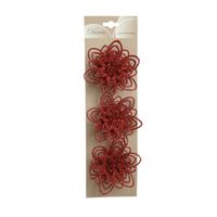 3x stuks decoratie bloemen rood glitter op clip 11 cm - thumbnail