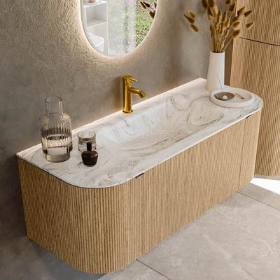 Badmeubel Mondiaz Kurve-Dlux | 120 cm | Meubelkleur Oak | Wastafelkleur Glace | Solid surface | Midden spoelbak | 1 kraangat