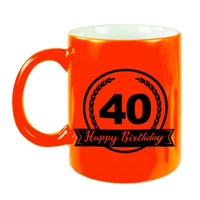 Happy Birthday 40 years cadeau mok / beker neon oranje met wimpel 330 ml Happy Birthday 40 years cadeau mok / beker neon oranje met wimpel 330 ml