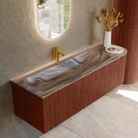 Badmeubel Mondiaz Kurve-Dlux | 145 cm | Meubelkleur Ruby | Wastafelkleur Sombra | Solid surface | Wasbak linker zijde spoelbak | 1 kraangat