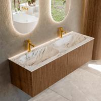 Badmeubel Mondiaz Kurve-Dlux | 140 cm | Meubelkleur Walnut | Wastafelkleur Glace | Solid surface | Dubbele spoelbak | 2 kraangaten Badmeubel Mondiaz Kurve-Dlux | 140 cm | Meubelkleur Walnut | Wastafelkleur Glace | Solid surface | Dubbele spoelbak | 2 kraangaten