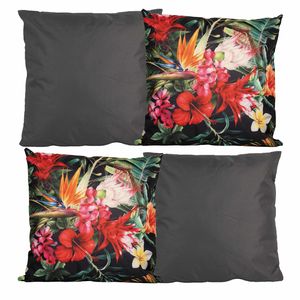 Bank/tuin kussens set - voor binnen/buiten - 4x stuks - antraciet/tropical print - 45 x 45 cm