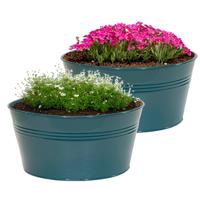 Plantenpot/bloempot Bob - 2x - rond - zink - zeegroen - D25 X H12 cm - thumbnail