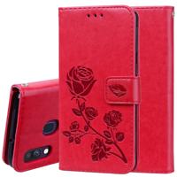 Rose reliëf horizontale Flip PU lederen case voor Galaxy A40 met houder & kaartsleuven & portemonnee (rood)