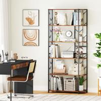 6-Plank Boekenkast Moderne Geometrische Plank met Sterk Metalen Frame Vrijstaande Opslag Plank met 2 Anti-Kantel Kits Bruin