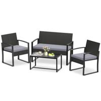 Tuinset van PE-rotan Balkonset voor 4 Personen met Glazen Tafel 2-Zitsbank en 2 Fauteuils-Grijs