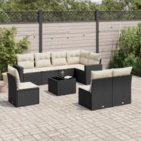 9-delige Loungeset met kussens poly rattan zwart