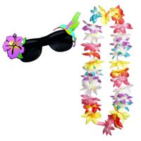 Tropical Hawaii party verkleed accessoires set - zomer thema zonnebril - bloemenkrans LED lampjes - thumbnail