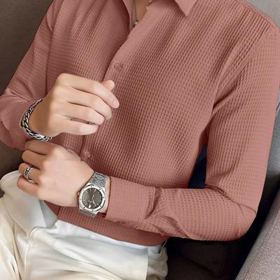 Bon&Bon Men's Waffle Knit Shirt - Black Long Sleeve Button Front Dusty Pink / M