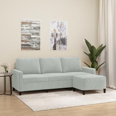 Driezitsbank met voetenbank 180 cm fluweel lichtgrijs