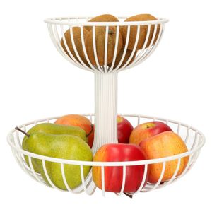 2-laags fruitschaal/fruitmand rond wit metaal 29 cm - Fruitschalen