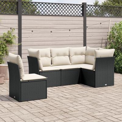 5-delige Loungeset met kussens poly rattan zwart