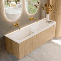Badmeubel Mondiaz Kurve-Dlux | 145 cm | Meubelkleur Oak | Wastafelkleur Frappe | Solid surface | Dubbele spoelbak | Zonder kraangat(en)