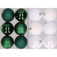 12x stuks kunststof kerstballen mix van donkergroen en wit 8 cm