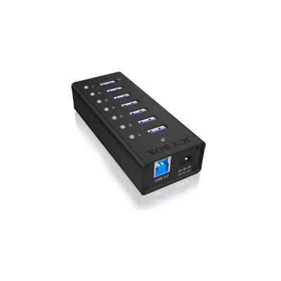 ICY BOX IB-AC618, 7 Port USB 3.2 Gen 1 Hub mit 1x Tablettladeport, mit 12V 3A Netzteil USB 3.2 Gen 1-hub 7 poorten Zwart