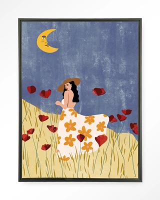 Urban Cotton Wandkleed 'Girl In A Poppyfield' 145 x 190cm in Floating Frame - black