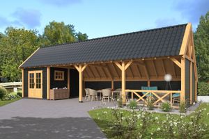 Kapschuur Billund XXL Type 11 Red Class Wood 1386x512 cm - zwart gespoten- Kapschuurdak- Hout- Tuindeco