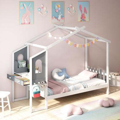 Eenpersoonsbed met Bureau Houten Bed met Hekvormig Hoofdeinde Haken en Laden Lattenbodem met 18 Houten Latten 200 x 90 cm