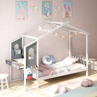 Eenpersoonsbed met Bureau Houten Bed met Hekvormig Hoofdeinde Haken en Laden Lattenbodem met 18 Houten Latten 200 x 90 cm